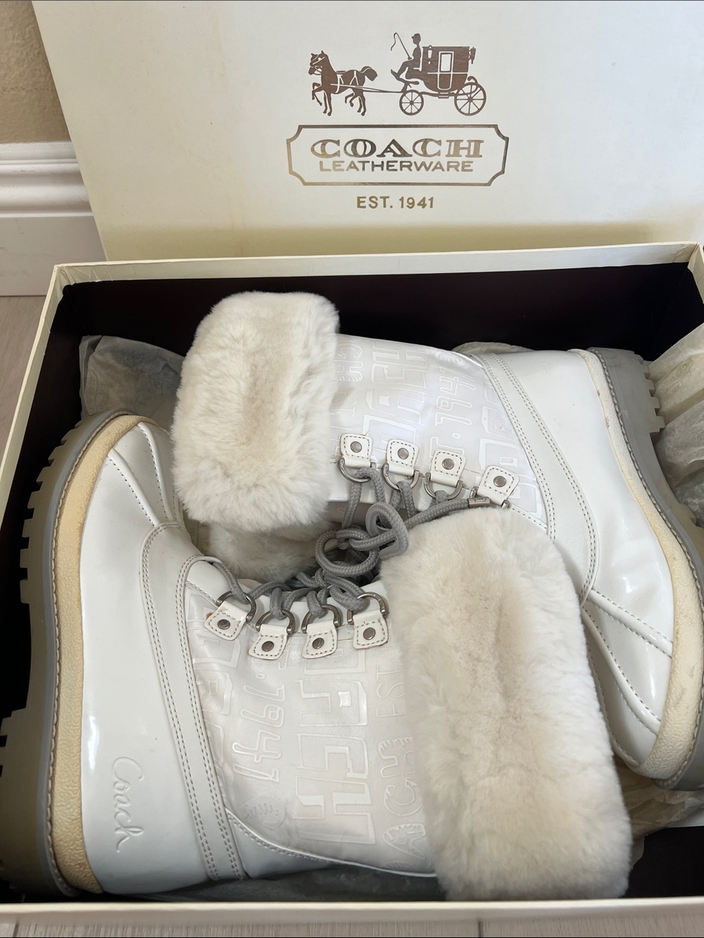 COACH White Patent Shearling Trim Lace-Up Winter Boots